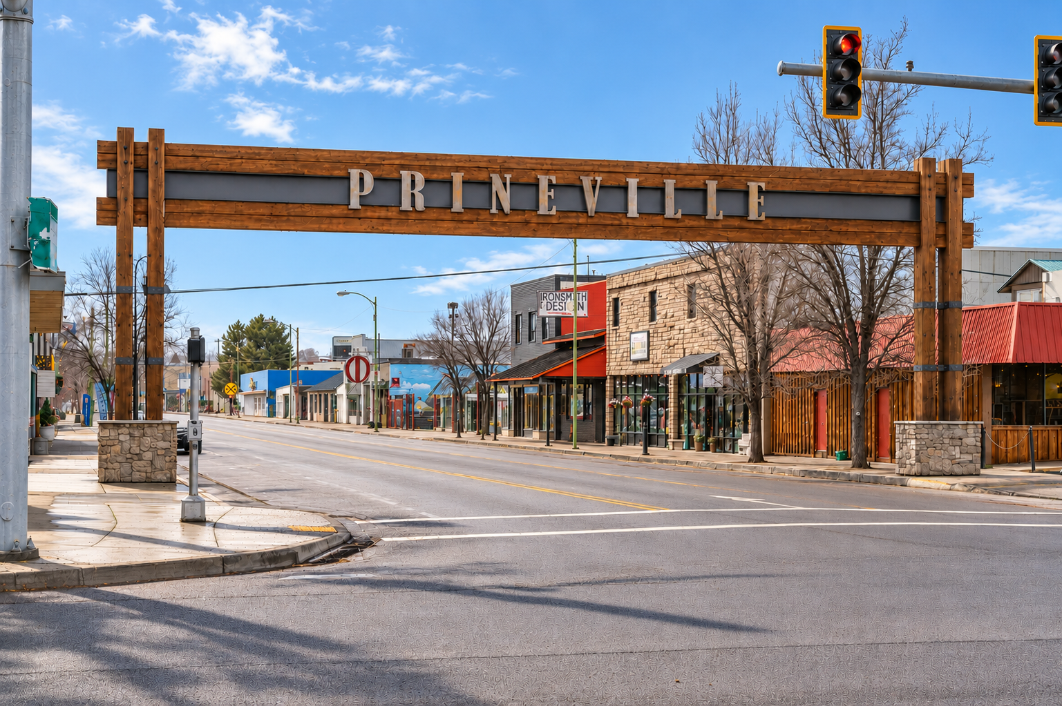 Prineville gateway and downtown storefronts under a sunny blue sky