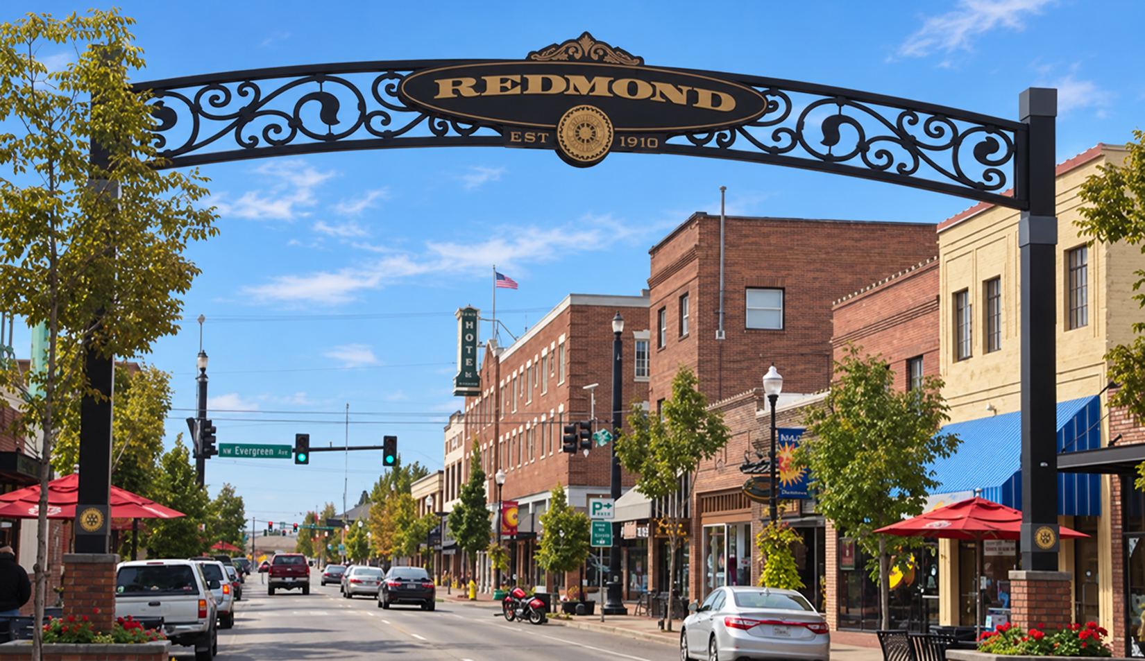 Downtown Redmond arch and storefronts beneath a sunny blue sky