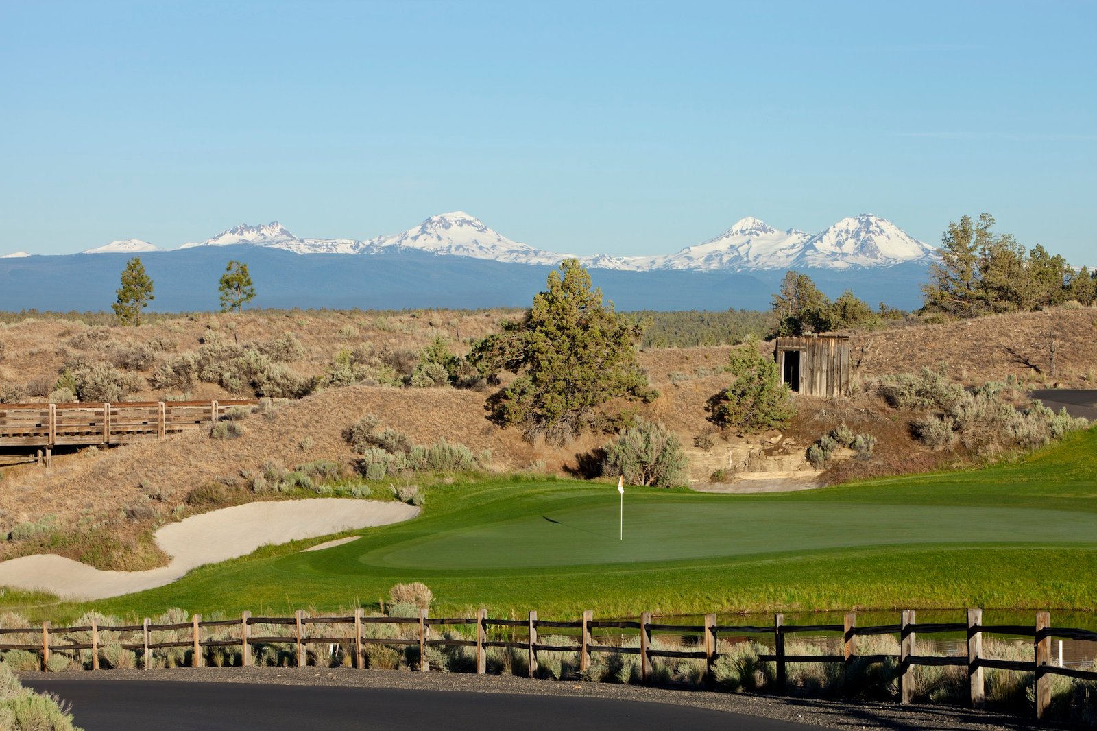 Snow-covered Cascade peaks above Brasada Ranch in Powell Butte