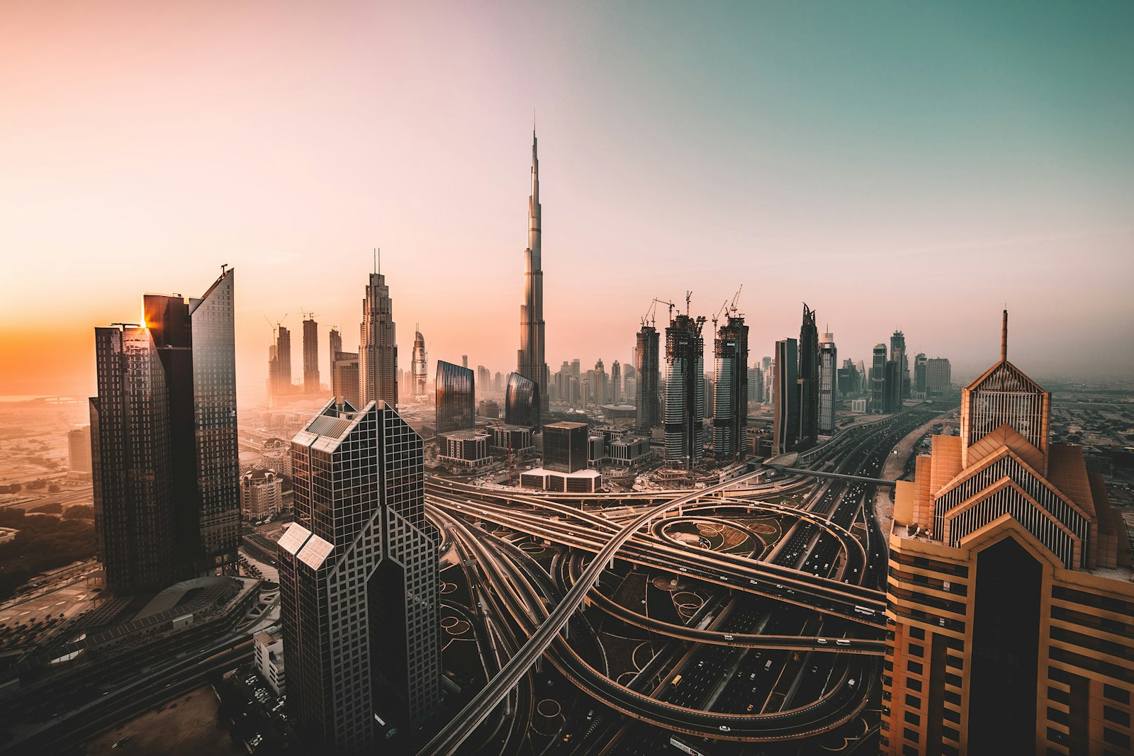 Dubai skyline and Burj Khalifa at sunrise